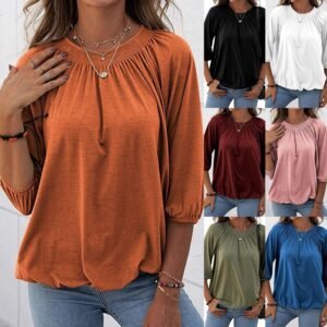 Women's Autumn Hot Selling Temperament Pullover Round Neck Loose Three-quarter-length-sleeved T-shirt