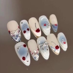 Handmade French Blue Gradient Wear Nail Cherry Bow