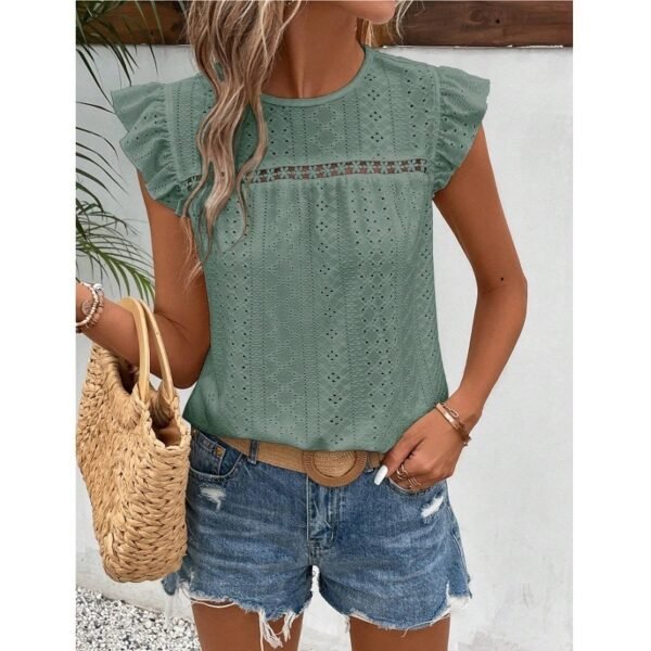 Round Neck Lace Solid Color Ruffled Short Sleeve - Image 6