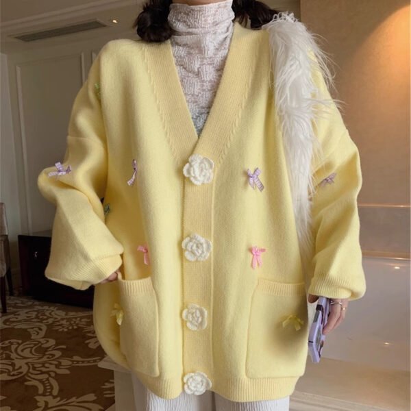 Bow Knitted Cardigan Loose-fitting Oversized Sweater - Image 8