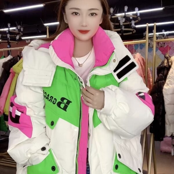 Thick Down Jacket Hooded Color Contrast Stitching Workwear - Image 2