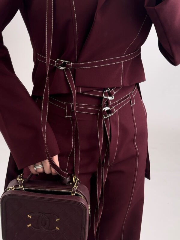 Burgundy Lace-up Top & High-waisted Pants Set - Image 2