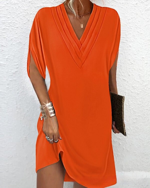 V-neck Pleated Batwing Sleeve Dress - Image 10