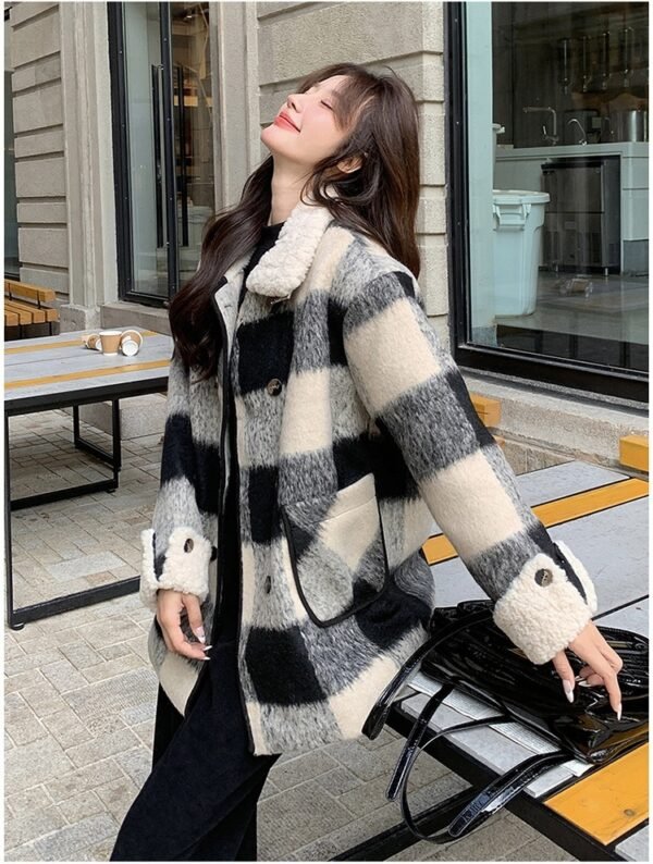 Black And White Lattice Pattern Lamb Wool Coat - Image 10