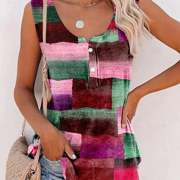 New Striped Printed Button Loose U-neck Vest T-shirt - Image 3