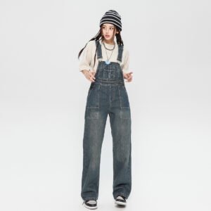 Denim Suspender Pants Women's Design Sense Loose Washed-out