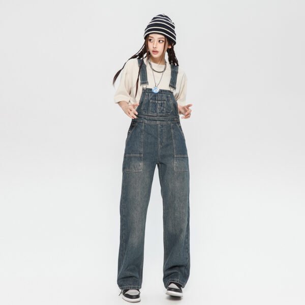 Denim Suspender Pants Women's Design Sense Loose Washed-out