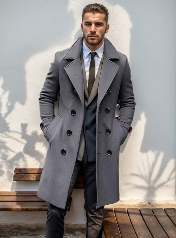 Mid-length Double-breasted Men's Slim-fit Woolen Coat - Image 5