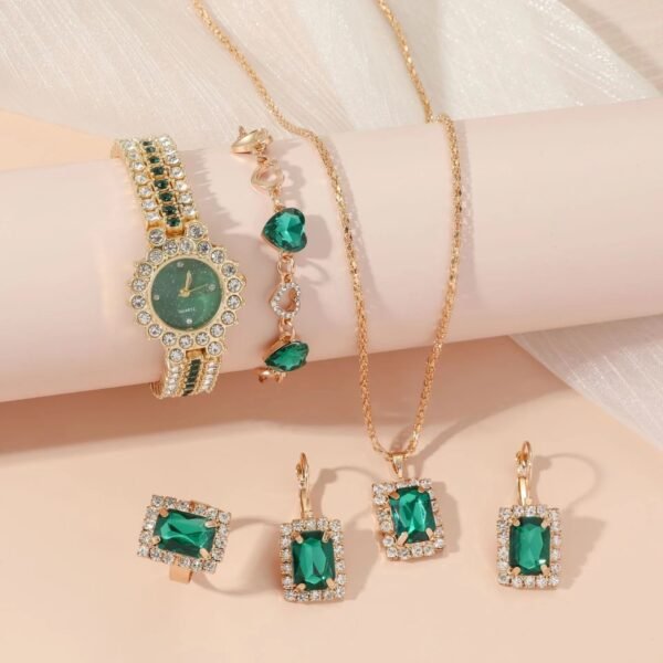 Popular Small Green Watch Women's Steel Belt Quartz Watch Ring Gift Set Boxed Five-piece Set - Image 2