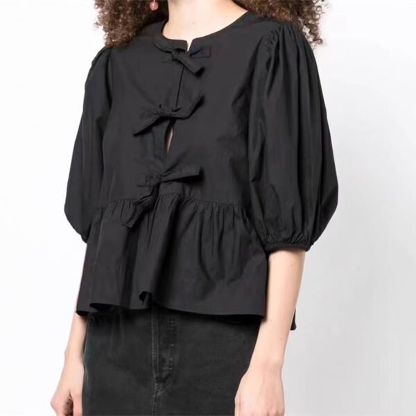 Women's Sweet Round Neck Lace-up Bow Tie Puff Sleeve Solid Color Shirt - Image 2