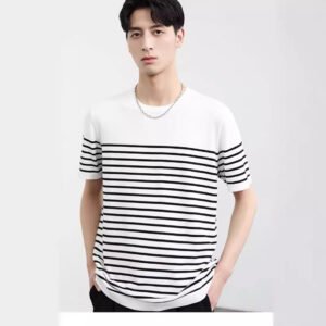 Soft Retro Navy Blue Shirt Short-sleeved T-shirt Men's Knitted Striped Top