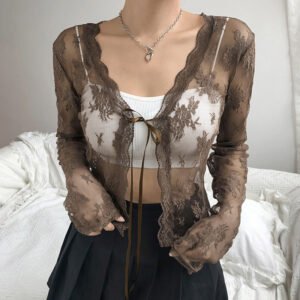 Lightly Mature Outer Tops Lace Lace-up Slim-fit Long-sleeved Cardigan
