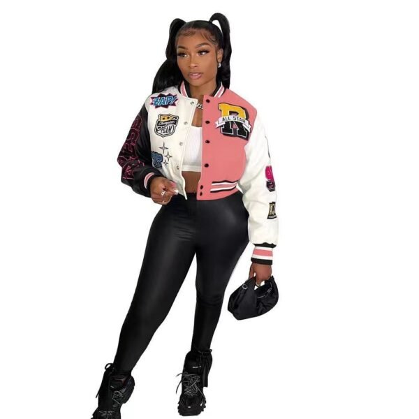Color Block Press Button Fashion Printed Double Layer Jacket - Image 10