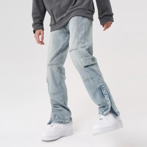 American-style Split Zipper Retro Wide Leg Straight Light Color And Water Scrubbing Jeans - Image 4