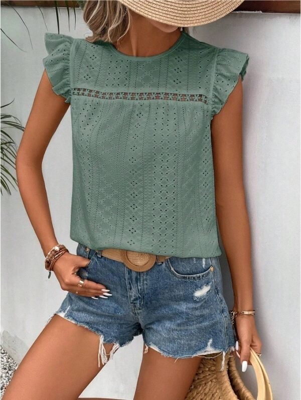Round Neck Lace Solid Color Ruffled Short Sleeve - Image 7