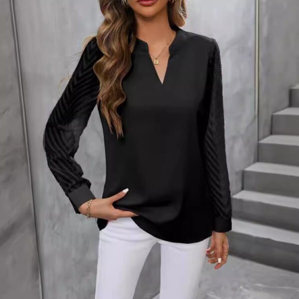 Chiffon Patchwork Long Sleeve Solid Color And V-neck Shirt - Image 3