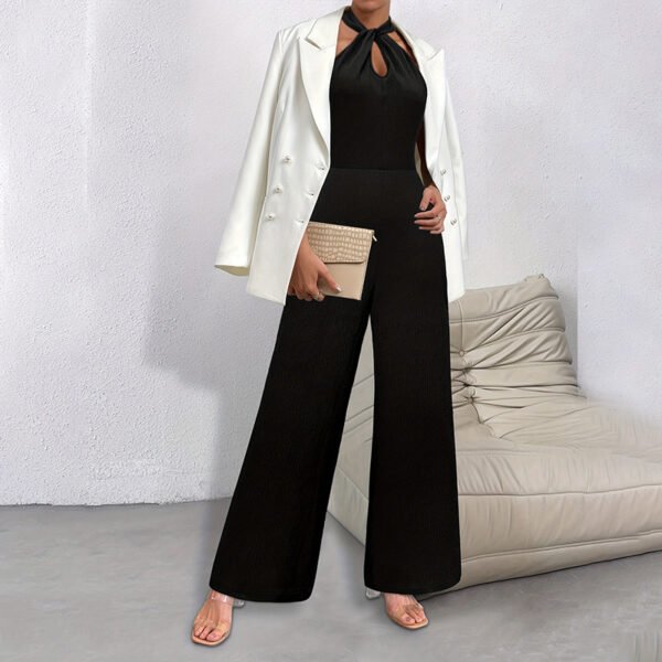 Solid Color Elegant Commuter Halter Sleeveless Long Jumpsuit - Image 2