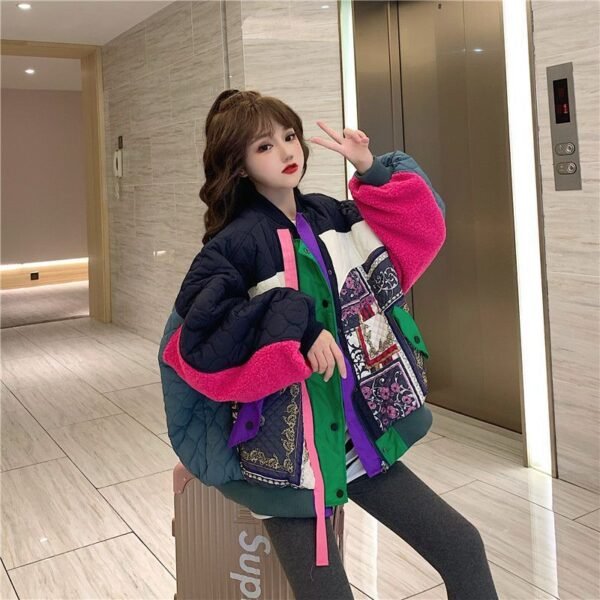 Color Contrast Patchwork Thickened Cotton Padded Coat - Image 2