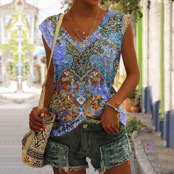 Women's V-neck Vest Vintage Architectural Print T-shirt - Image 4