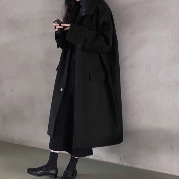 Retro Lapels Single-breasted Loose Mid-length Woolen Coat - Image 4