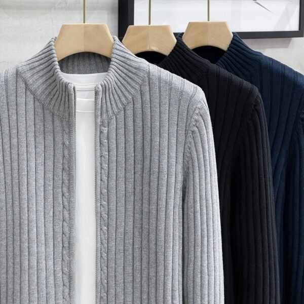 Cardigan Sweater Solid Color Zipper Outerwear Sweater Men's Coat - Image 3