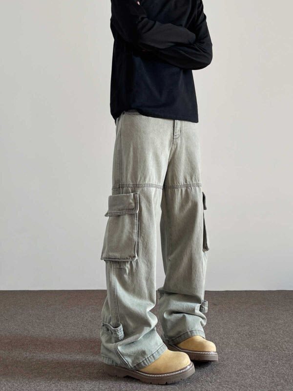 Large Pocket Denim Overalls Men's Straight Flared Trousers - Image 2