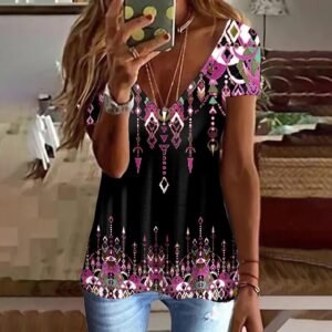 New 3D Map Printed Pattern V-neck Short Sleeve