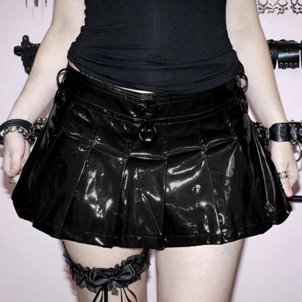 Wansheng New Low Waist Solid Color Pleated Leather Skirt - Image 3