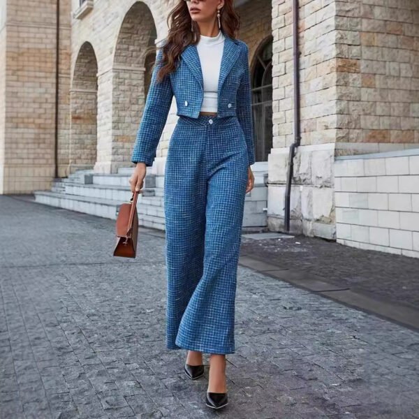 Women's Lapel Double Button Blazer And Wide Leg Pants - Image 3