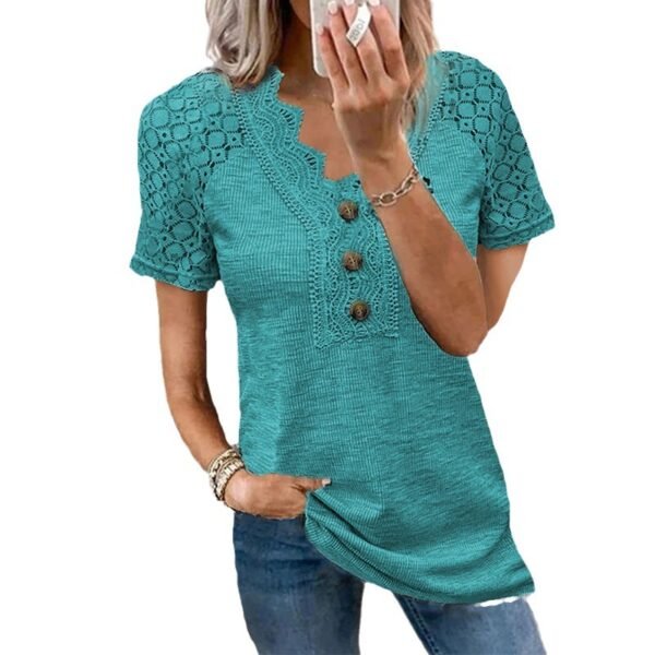 Casual Solid Color Lace V-neck Patchwork Top T-shirt With Short Sleeves - Image 2
