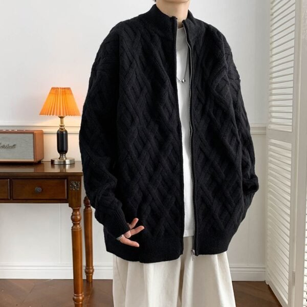 Casual Stand Collar Solid Color Autumn And Winter New Cardigan Cable-knit Sweater Men - Image 3