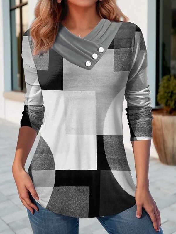 Women's Geometric Stitching Contrast Color V-neck Top - Image 4