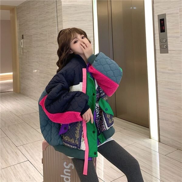 Color Contrast Patchwork Thickened Cotton Padded Coat - Image 5
