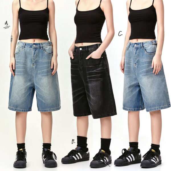 American Retro Denim Cropped Pants Washed Cat Beard Pattern
