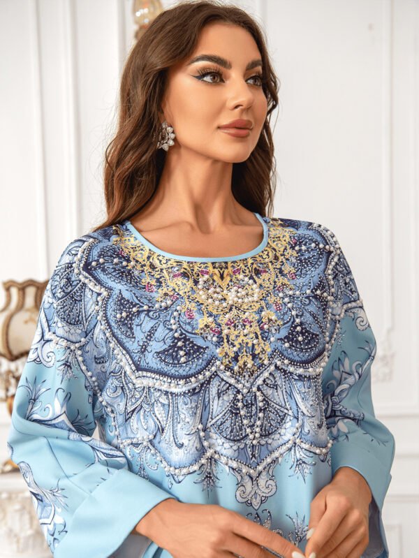 High Density Rhinestone Floral-print Beaded Robe Elegant Round Neck Dress - Image 2