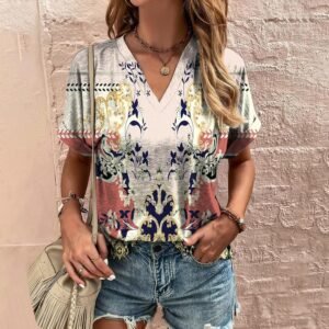 Printed T-shirt Ethnic V-neck Summer Short Sleeve