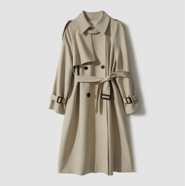 Twill Large Lapel Double Breasted Lacing Mid-length Trench Coat - Image 2