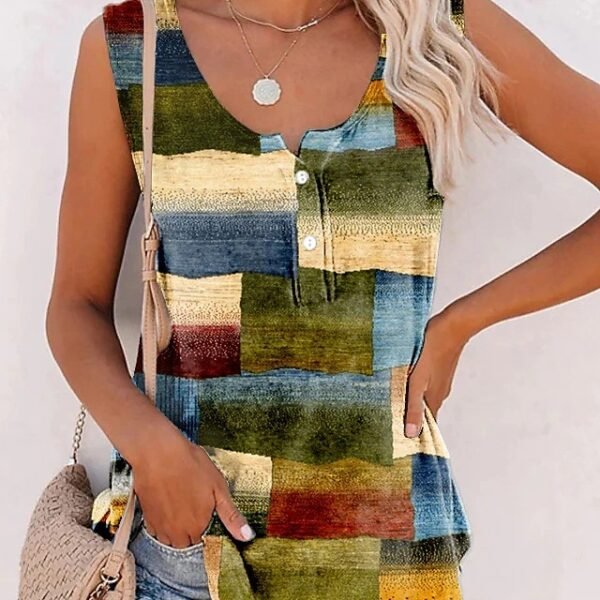 New Striped Printed Button Loose U-neck Vest T-shirt - Image 4