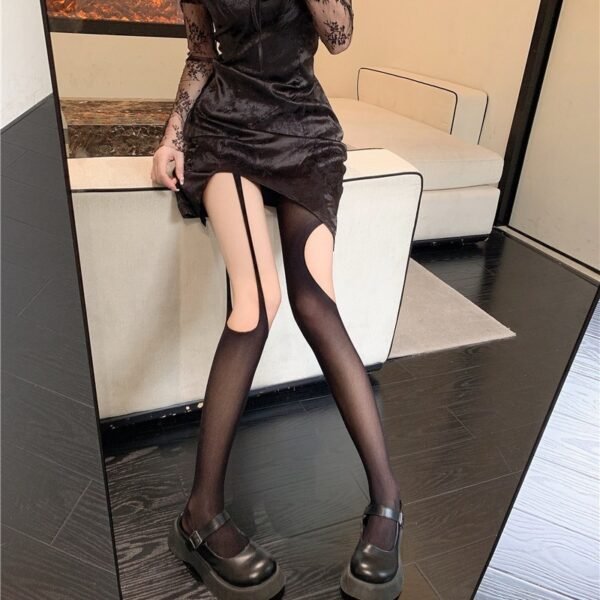 Asymmetric Sling Black Silk Socks Sexy Ripped Hollow-out - Image 3