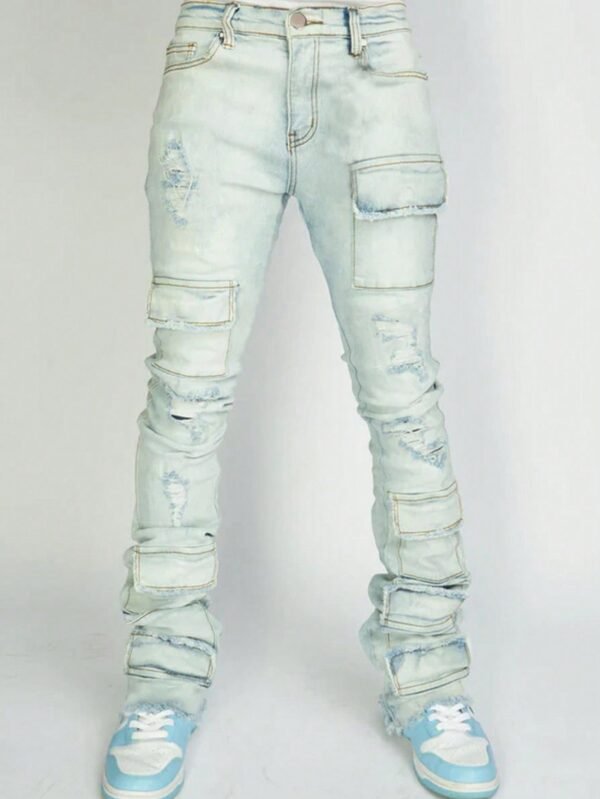 Men's Denim Straight-leg Overalls European And American Fashion Stretch Ripped Laminated Micro-pull Pants - Image 6