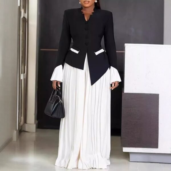 Black Bell Sleeve Top Pleated Blouse And Pants - Image 4