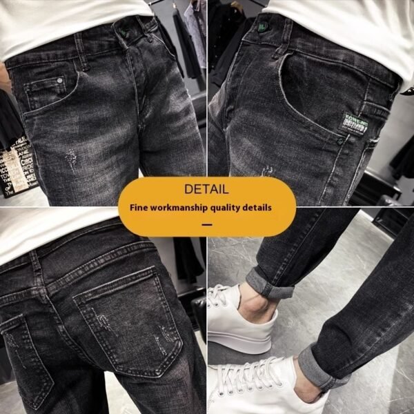 Jeans Men's Black Tapered Cropped Elastic Slim Fit Slimming - Image 2