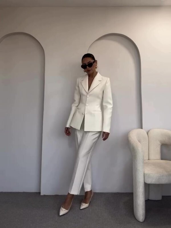 Classic Waist-cinched Blazer & High-waisted Pants White Suit - Image 2