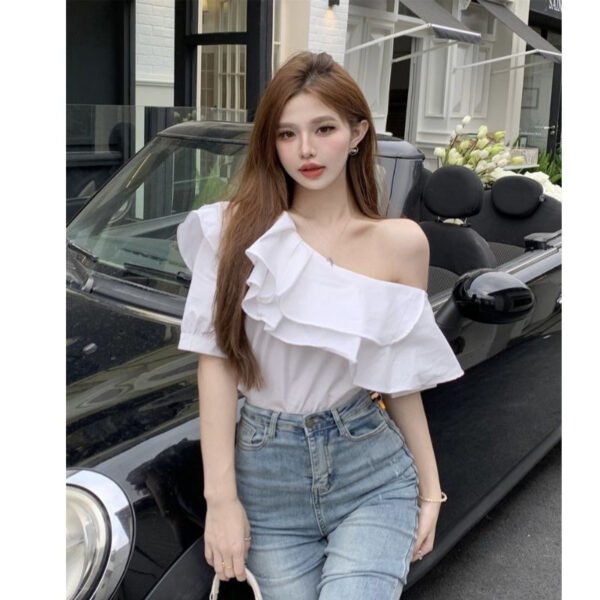 Women's Ruffled Off-the-shoulder Long Sleeve Design Elegant Socialite Shirt - Image 4