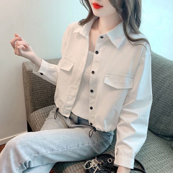 Korean Version Of Everything Loose Simple Drawstring Design Sense Long-sleeved Casual Shirt Short Top - Image 7