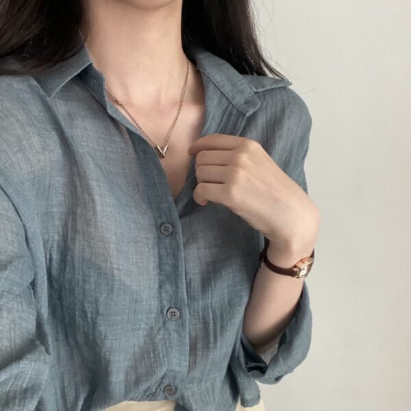 Simple Solid Color Single-breasted Lapel Ruffle Long Sleeve Shirt - Image 3