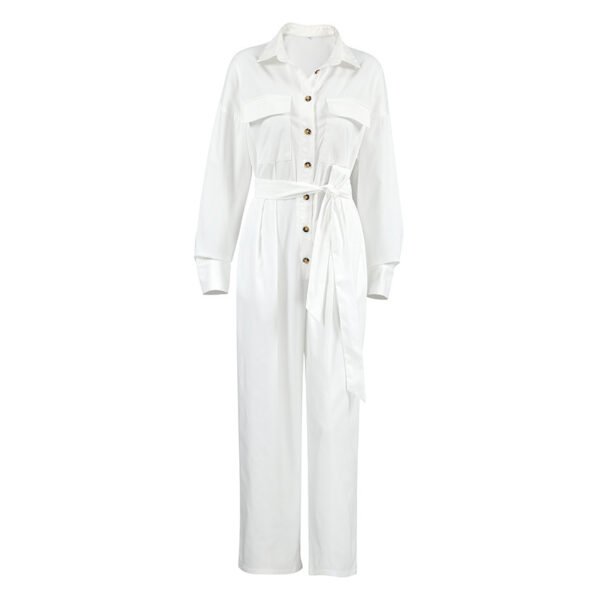 Fashion Polo Collar Long Sleeve Casual Wide Leg Jumpsuit - Image 5