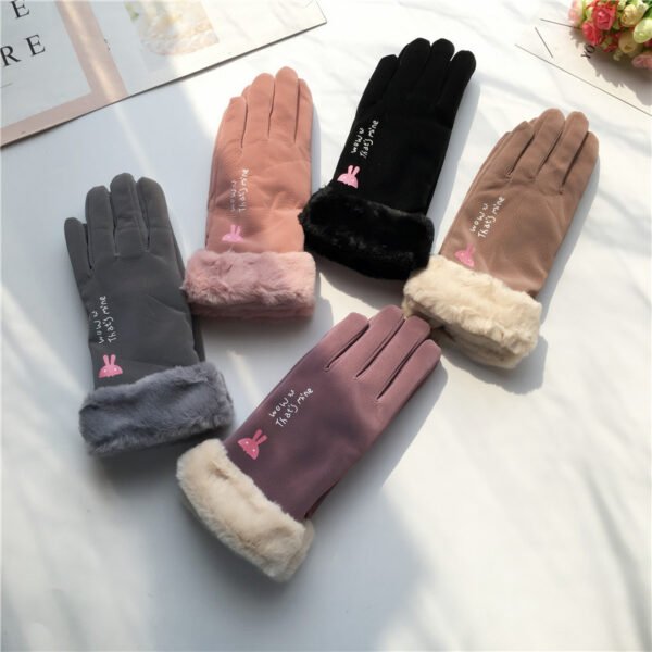 Autumn And Winter Women's Riding Gloves Korean Style Alphabet Cartoon Warm Double Layer Fleece-lined - Image 3