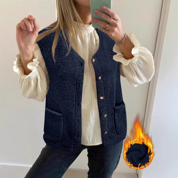 Fashion Round Neck Pocket Plush Vest - Image 3