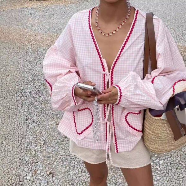 Women's Plaid V-neck Shirt Love Pocket Long Sleeve Loose Top - Image 2